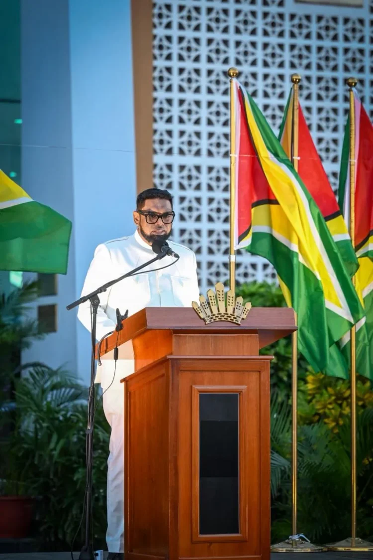 President Dr Mohamed Irfaan Ali addresses a massive audience at the Arthur Chung Conference Centre (ACCC)