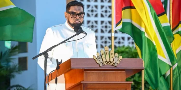 President Dr Mohamed Irfaan Ali addresses a massive audience at the Arthur Chung Conference Centre (ACCC)