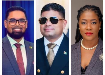 L-R President Irfaan Ali, WIN Leader Azruddin Mohamed and FGM Leader Amanza Walton-Desir