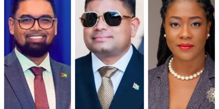 L-R President Irfaan Ali, WIN Leader Azruddin Mohamed and FGM Leader Amanza Walton-Desir