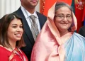 British lawmaker Tulip Siddiq, left, and ousted Bangladeshi Prime Minister Sheikh Hasina in Moscow in 2013.Mikhail Metzel / AP file