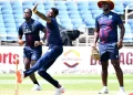 West Indies Head Coach Daren Sammy (right) watches as pace bowlers Jayden Seales (left) and Alzarri Joseph practise at Sabina Park in Kingston, Jamaica, on July 11, 2025. (Photo: Garfield Robinson)