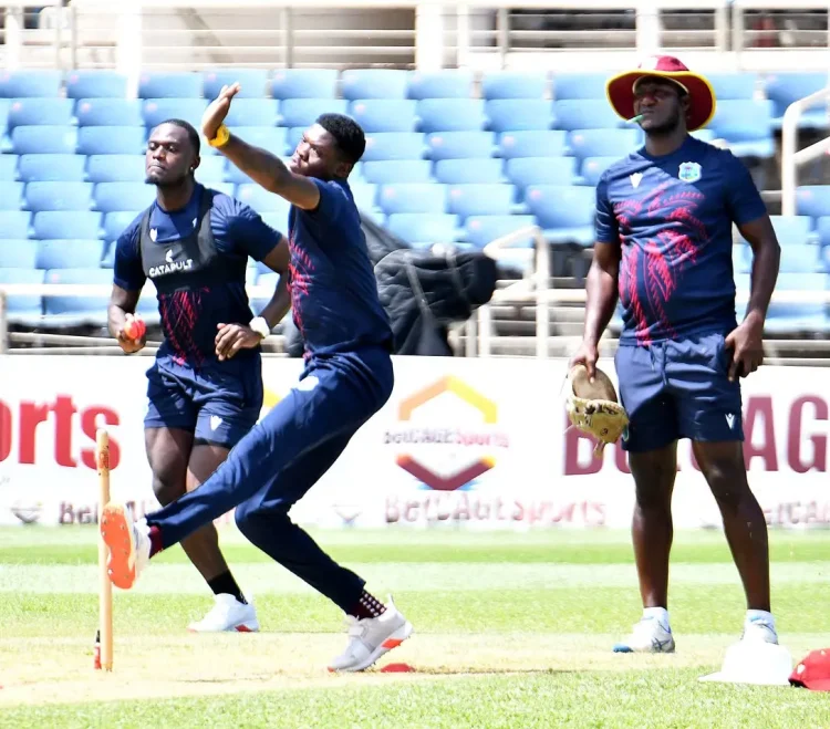 West Indies Head Coach Daren Sammy (right) watches as pace bowlers Jayden Seales (left) and Alzarri Joseph practise at Sabina Park in Kingston, Jamaica, on July 11, 2025. (Photo: Garfield Robinson)