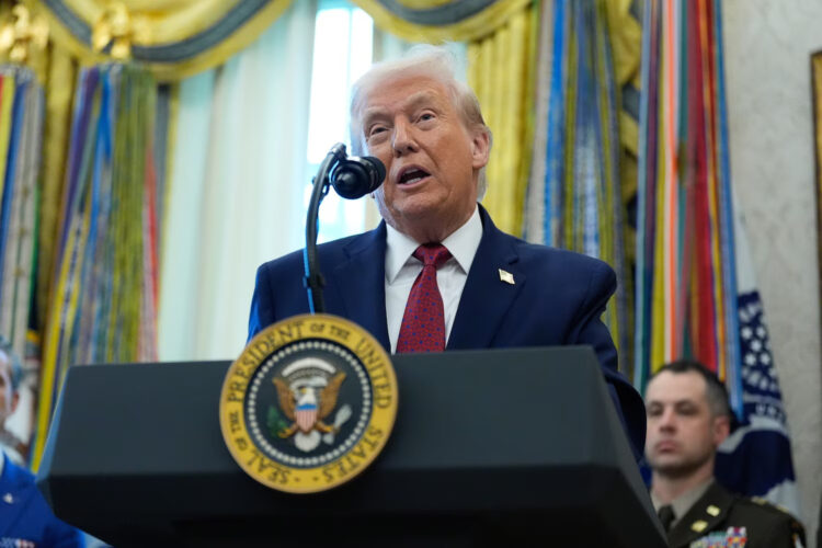 President Donald Trump speaks during a Mexican Border Defense Medal presentation in the Oval Office at the White House in Washington, December 15, 2025.
