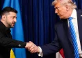 President Donald Trump and Ukraine's President Volodymyr Zelenskyy at the start of a joint news press conference after a meeting on Sunday 28 Dec. 2025 (AP Photo/ Alex Brandon