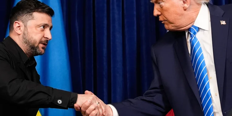President Donald Trump and Ukraine's President Volodymyr Zelenskyy at the start of a joint news press conference after a meeting on Sunday 28 Dec. 2025 (AP Photo/ Alex Brandon
