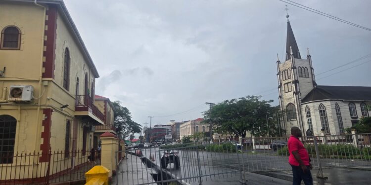 Police barricade in front the Georgetown Magistrates Court on December 10, 2025
