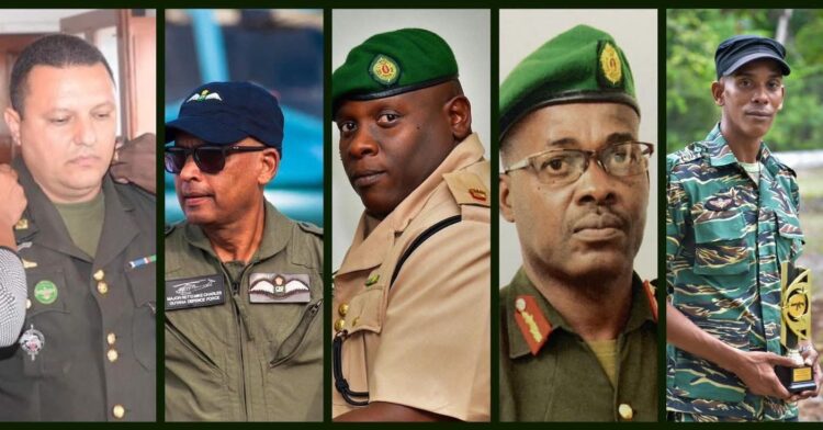 Guyana Defence Force members (L-R) Colonel Michael Shahoud, Lieutenant Colonel Michael Charles, Lieutenant Colonel Sean Welcome, Retired Brigadier Gary Beaton and Sergeant Jason Khan