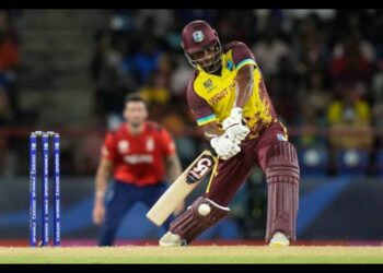 West Indies’ Johnson Charles bats during the men’s T20 World Cup cricket match against England at Daren Sammy National Cricket Stadium, Gros Islet, St Lucia, on June 19, 2024.