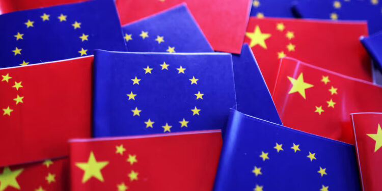 EU and Chinese flags are seen in this illustration taken, March 20, 2025. REUTERS/Dado Ruvic/Illustration Purchase Licensing Rights