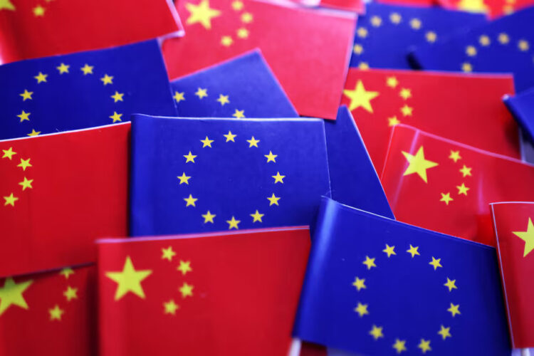 EU and Chinese flags are seen in this illustration taken, March 20, 2025. REUTERS/Dado Ruvic/Illustration Purchase Licensing Rights