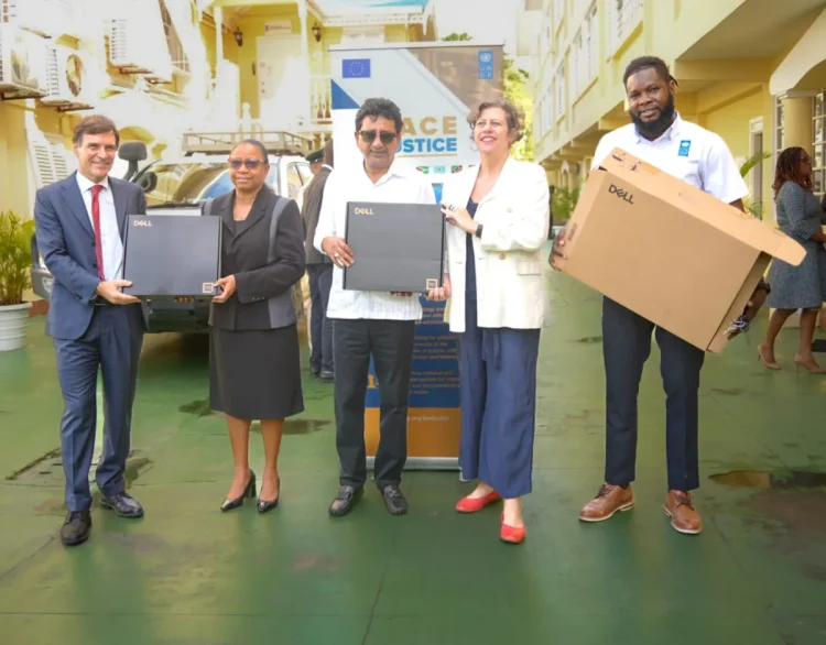 Pictured from left, EU Ambassador, Luca Pierantoni; Chancellor of the Judiciary (ag), Justice Roxanne George-Wiltshire; Attorney General and Minister of Legal Affairs, Anil Nandlall, SC; UNDP’s Resident Representative, Kathy Thomas and UNDP’s Project Analysis, Chevy Devonish
