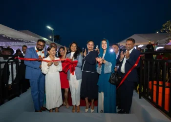President Mohamed Irfaan Ali, First Lady Arya Ali, Minister of Education, Sonia Parag, Minister of Human Services and Social Security, Dr Vindhya Persaud, and the United Arab Emirates’ Minister of State for International Cooperation, Reem bint Ebrahim Al Hashimy and Minister of Public Utilities and Aviation, Deodat Indar participating in the ribbon-cutting ceremony