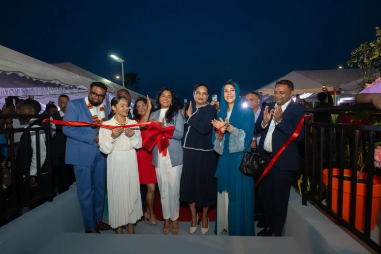 President Mohamed Irfaan Ali, First Lady Arya Ali, Minister of Education, Sonia Parag, Minister of Human Services and Social Security, Dr Vindhya Persaud, and the United Arab Emirates’ Minister of State for International Cooperation, Reem bint Ebrahim Al Hashimy and Minister of Public Utilities and Aviation, Deodat Indar participating in the ribbon-cutting ceremony