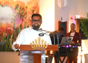 President Irfaan Ali delivering the keynote address at the launch of GBTI’s private banking service (DPI)