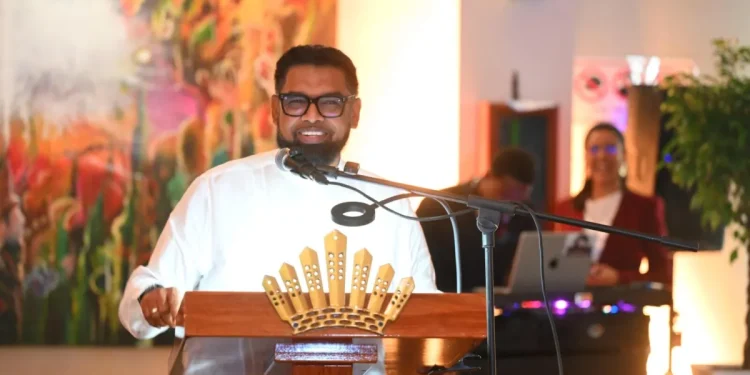 President Irfaan Ali delivering the keynote address at the launch of GBTI’s private banking service (DPI)