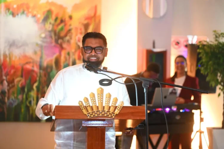 President Irfaan Ali delivering the keynote address at the launch of GBTI’s private banking service (DPI)