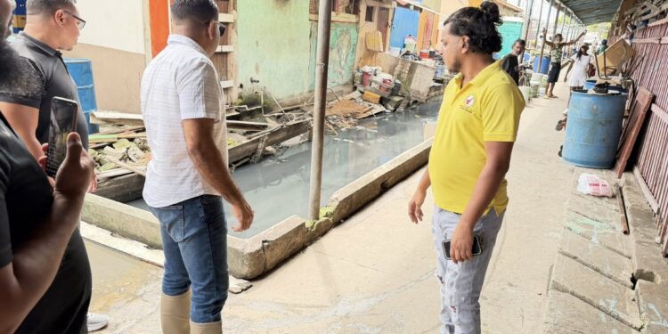 WIN Leader Azruddin Mohamed (in long boots) and others looking at the Bourda Market environment