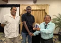 (From left) Iwokrama CEO Dane Gobin; CARDI, Officer-in-Charge, Mitchroy Thom and NRDDB Chairman, Micheal Williams at the official handing over of Smartphones from CARDI.
