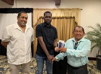 (From left) Iwokrama CEO Dane Gobin; CARDI, Officer-in-Charge, Mitchroy Thom and NRDDB Chairman, Micheal Williams at the official handing over of Smartphones from CARDI.