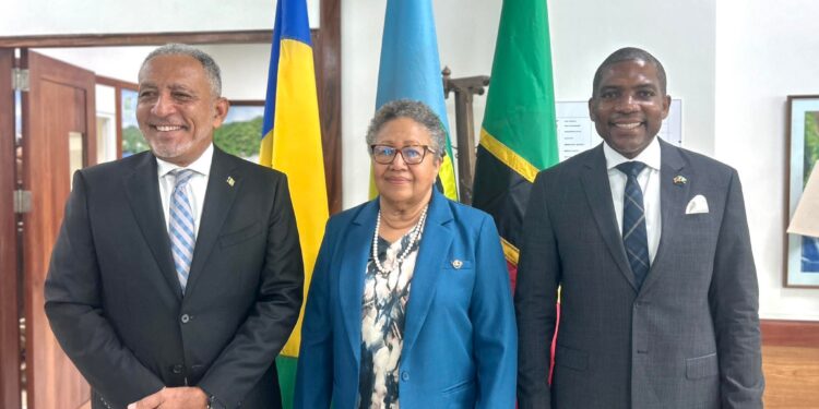 (L-R) Prime Minister of St Vincent and the Grenadines Dr the Hon. Godwin Friday, CARICOM Secretary-General Dr Carla Barnett and Prime Minister of St Kitts and Nevis, the Hon. Dr Terrance Drew