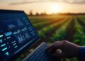 A farmer uses a laptop to analyze agricultural data in a field at sunset.  Precision farming and data analysis are key elements of modern agriculture