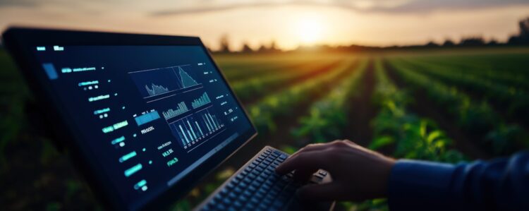A farmer uses a laptop to analyze agricultural data in a field at sunset. Precision farming and data analysis are key elements of modern agriculture
