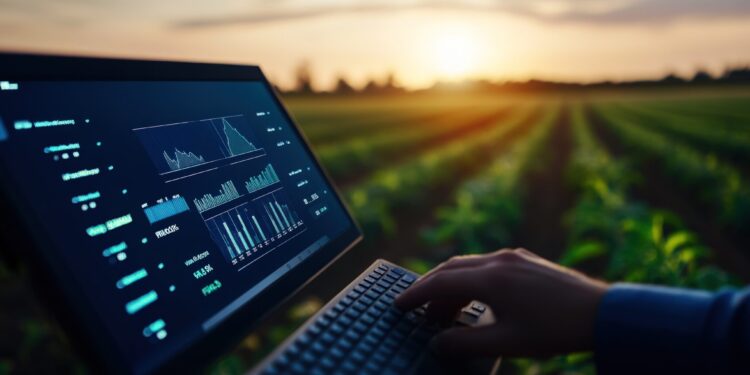 A farmer uses a laptop to analyze agricultural data in a field at sunset.  Precision farming and data analysis are key elements of modern agriculture