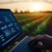 A farmer uses a laptop to analyze agricultural data in a field at sunset. Precision farming and data analysis are key elements of modern agriculture