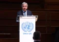 United Nations Secretary-General António Guterres speaks to mark the 80th anniversary of the founding of the U.N. General Assembly, at Methodist Central Hall, the site of the inaugural U.N. General Assembly, in London on Saturday.
Toby Shepheard/AFP via Getty Images