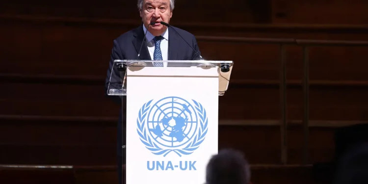 United Nations Secretary-General António Guterres speaks to mark the 80th anniversary of the founding of the U.N. General Assembly, at Methodist Central Hall, the site of the inaugural U.N. General Assembly, in London on Saturday.

Toby Shepheard/AFP via Getty Images