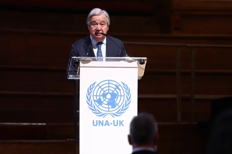 United Nations Secretary-General António Guterres speaks to mark the 80th anniversary of the founding of the U.N. General Assembly, at Methodist Central Hall, the site of the inaugural U.N. General Assembly, in London on Saturday.

Toby Shepheard/AFP via Getty Images