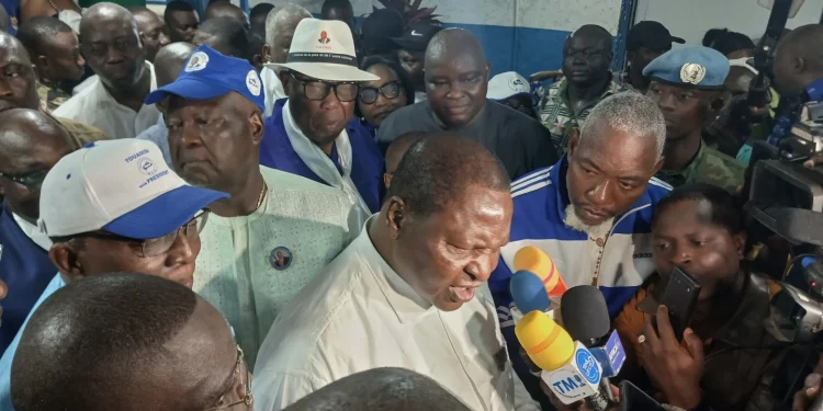 Central African President Faustin Archange Touadéra speaks to the media after being declare the winner of the presidential election in Bangui, Central African Republic (AP Photo/ Jean Fernand Koena)