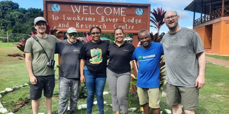 Faciliators and Organisers of the Bird Training Course – fr right Dr Jason Weckstein, Waldyke Prince, Dr Raquel Thomas (Iwokrama), Lydia Roberts (Iwokrama), Dr Brian O’Shea and Josh Engel