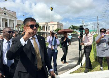 WIN Leader and now Leader of the Opposition Azruddin Mohamed as he's about to enter Parliament Building today (Jan 26, 2026) for the election as Leader of the Opposition (Stabroek News photo)