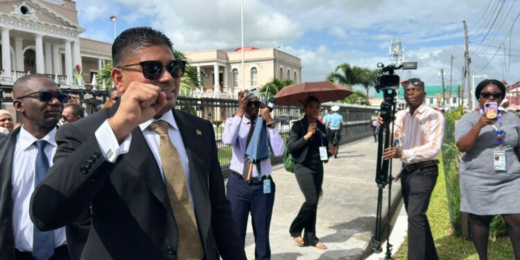 WIN Leader and now Leader of the Opposition Azruddin Mohamed as he's about to enter Parliament Building today (Jan 26, 2026) for the election as Leader of the Opposition (Stabroek News photo)