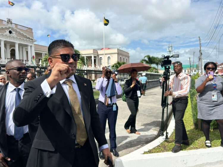 WIN Leader and now Leader of the Opposition Azruddin Mohamed as he's about to enter Parliament Building today (Jan 26, 2026) for the election as Leader of the Opposition (Stabroek News photo)