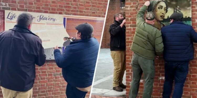 Workmen removing slavery exhibit at Philadelphia’s Independence National Historical Park