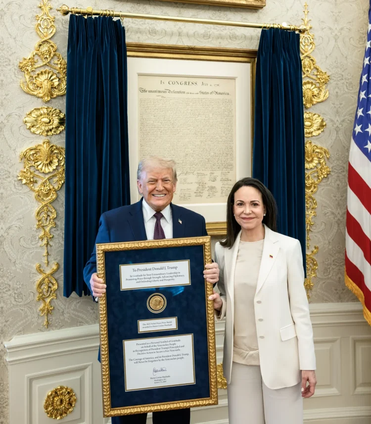 President Donald Trump meets with María Corina Machado in the Oval Office, where she presented him with her Nobel Peace Prize, on January 15, 2026. The White House