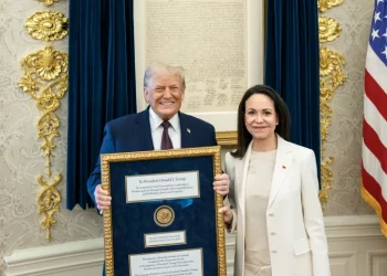 President Donald Trump meets with María Corina Machado in the Oval Office, where she presented him with her Nobel Peace Prize, on January 15, 2026. The White House