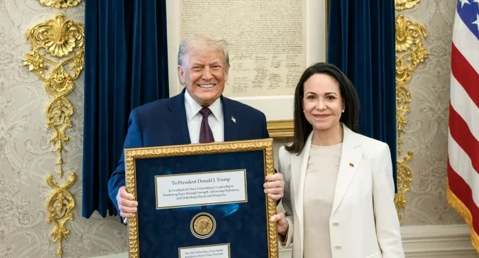 President Donald Trump meets with María Corina Machado in the Oval Office, where she presented him with her Nobel Peace Prize, on January 15, 2026. The White House
