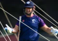George Munsey gesticulates in the nets ahead of Scotland's opening match  •  ICC/Getty Images