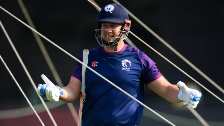 George Munsey gesticulates in the nets ahead of Scotland's opening match • ICC/Getty Images