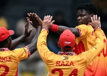 Blessing Muzarabani struck the first blow, off his first delivery • AFP/Getty Images