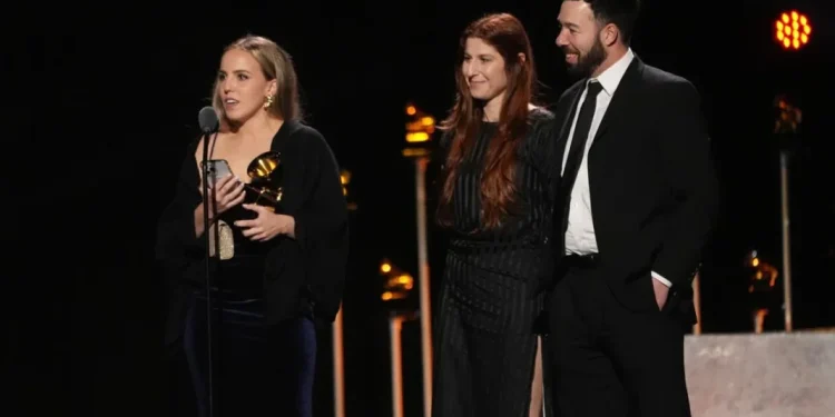 Jolene Mendes, from left, Sophia Sabella, and Pablo Feldman accept the award for best music video for "Anxiety" by Doechii during the 68th annual Grammy Awards on Sunday, Feb. 1, 2026, in Los Angeles. Chris Pizzello - Invision