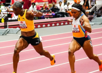 ulien Alfred (left) edges Jacious Spears to win the women’s 60 metres at the Tyson Invitational.
