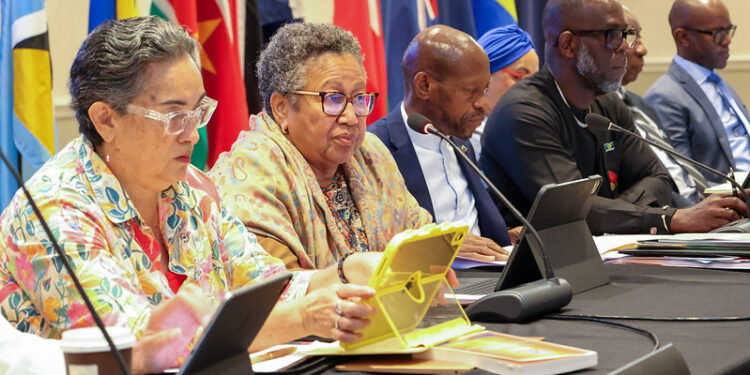 CARICOM Secretary-General, Dr. Carla Barnett (2nd, L) delivering remarks at the 16th Special Meeting of the Community Council of Minister, 24 February 2026, St. Kitts and Nevis.