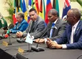 (L-R) CARICOM Secretary-General Dr Carla Barnett, Dr The Most Honourable Andrew Holness, ON, PC, MP Outgoing Chair, CARICOM, Prime Minister, Jamaica; The Honourable Dr Terrance M. Drew, Chair, CARICOM, Prime Minister, St. Kitts and Nevis and Honourable Philip J. Pierre, Prime Minister, Saint Lucia