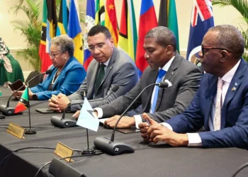 (L-R) CARICOM Secretary-General Dr Carla Barnett, Dr The Most Honourable Andrew Holness, ON, PC, MP Outgoing Chair, CARICOM, Prime Minister, Jamaica; The Honourable Dr Terrance M. Drew, Chair, CARICOM, Prime Minister, St. Kitts and Nevis and Honourable Philip J. Pierre, Prime Minister, Saint Lucia
