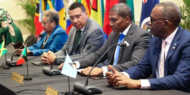 (L-R) CARICOM Secretary-General Dr Carla Barnett, Dr The Most Honourable Andrew Holness, ON, PC, MP Outgoing Chair, CARICOM, Prime Minister, Jamaica; The Honourable Dr Terrance M. Drew, Chair, CARICOM, Prime Minister, St. Kitts and Nevis and Honourable Philip J. Pierre, Prime Minister, Saint Lucia